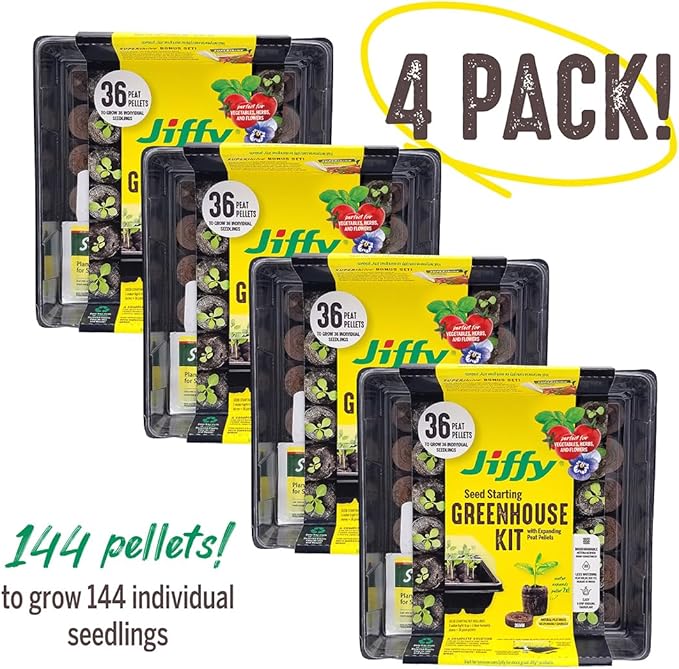 Jiffy Seed Starting Tray Kit, 36 Cell 36mm Peat Pellets with Bonus - 4 Pack, 144 Pellets Total