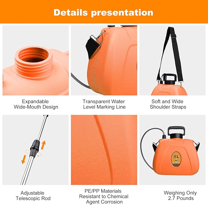 Battery Backpack Sprayer 2.1 Gallon, Rechargeable Sprayer with 3 Adjustable Nozzles, 1.5-3H Runtime, Adjustable Wand Leak-Proof & Chemical-Resistant Tank for Lawn, Garden & Farm Use (Orange)