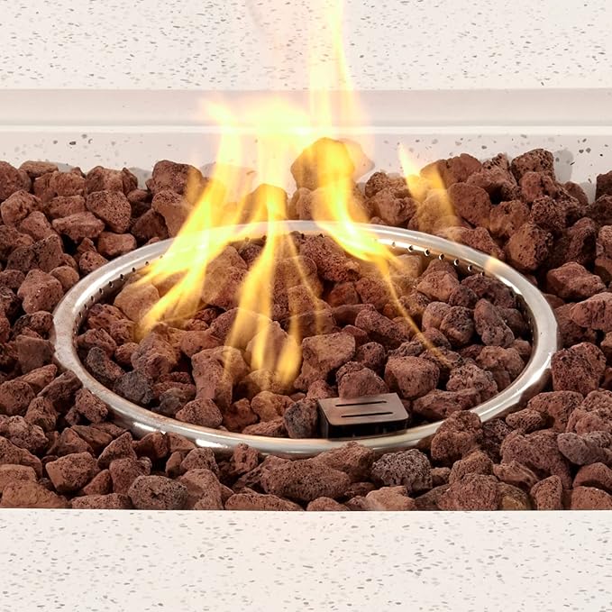 COSIEST Outdoor Propane Fire Pit Coffee Table w Square Faux Stone 35-inch Base, 50,000 BTU Stainless Steel Burner, Free Lava Rocks and Rain Cover