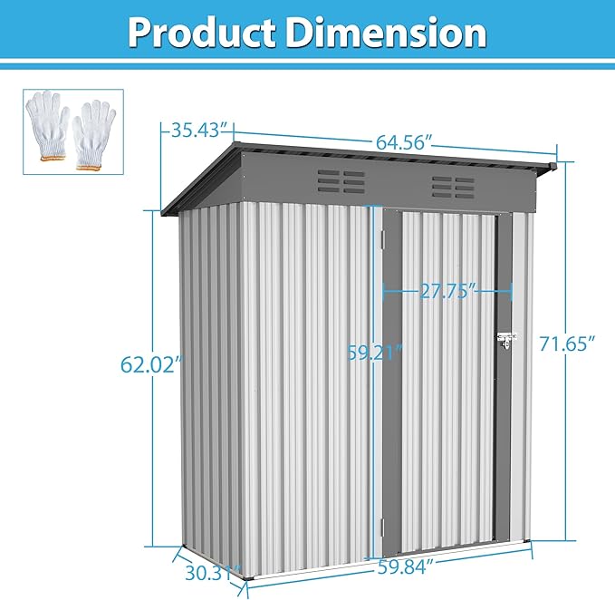 Outdoor Storage Shed, 5x3 FT Galvanized Steel Metal Shed, Lockable Waterproof Tool Storage Sheds for Garden, Patio, Lawn – Durable Storage Solution in Multiple Sizes