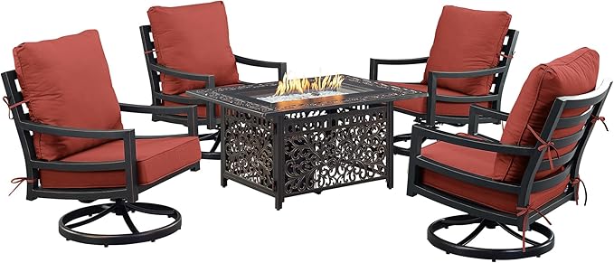 Oakland Living Black Aluminum Patio Fire Table Set with Four Club Chairs with Red Cushions