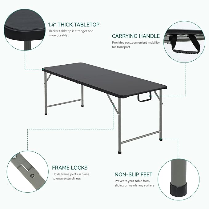 YITAHOME 6FT Folding Table, Outdoor Folding Table w/Heavy Duty HDPE Tabletop, Rectangle Folding Tables w/Portable Carrying Handle for Picnic, Parties, Camping & Indoor Activities, Black