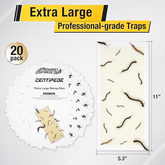 Qualirey Centipede Extra Large Glue Traps 20Pcs(Tear Into 40Pcs),11’’ x 5.3’’ Centipede Glue Boards Indoor Outdoor, Adhesive Insect Catcher for Home, Sticky & Non Toxic Traps for Home, Garage & Shed
