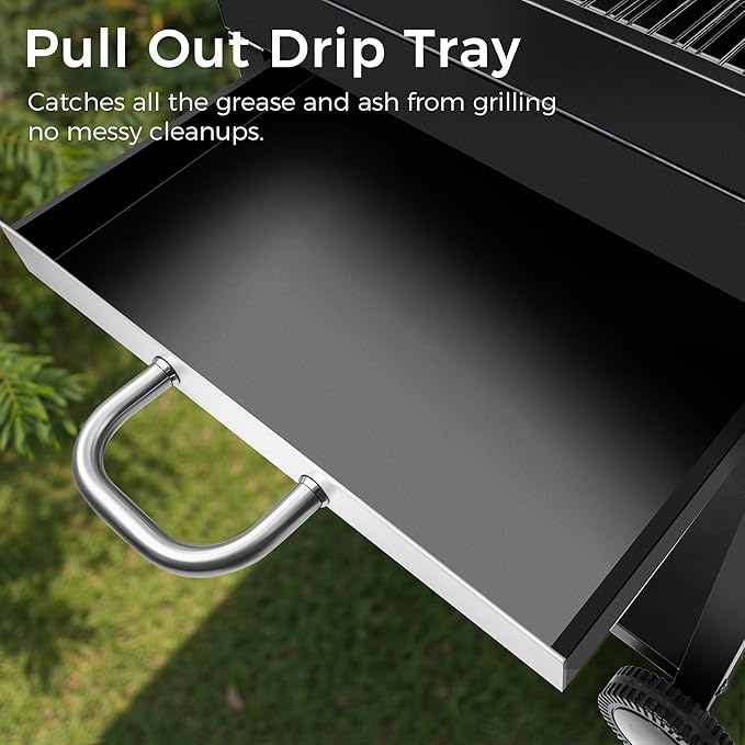 Charcoal Grill, Outdoor BBQ Grill with Side Table and Grease Tray, Double Layer Heavy-duty Steel Smoker Grill with Thermometer and Wheels for Outdoor Picnic, Patio, Backyard, Camping Cooking, Black