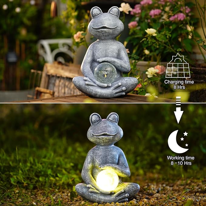 Goodeco Frog Statue with Solar Gazing Ball Lights - Zen Garden Statue for Outdoor Decor, Frog Gifts for Women & Moms, Housewarming Gifts