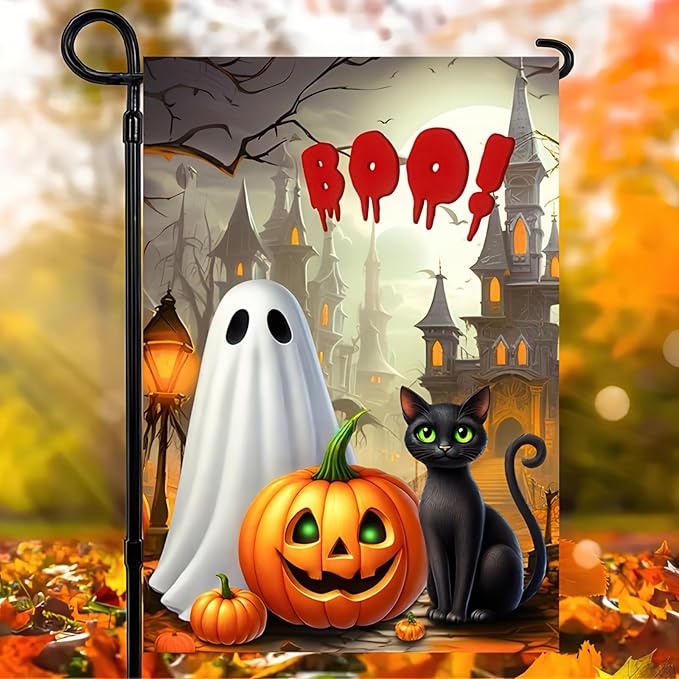 Halloween Welcome Garden Flag 12 x 18 Double Sided Decorations Black Cat BOO Spooky Ghost Pumpkin Garden Flag Holiday Yard Banner Indoor Outdoor House Décor Party