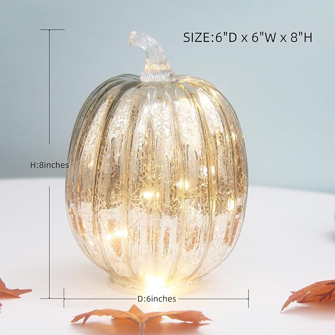Mercury Glass Pumpkin Lights with Timer, Battery Operated Led Pumpkin Lights for Halloween Fall,Thanksgiving Rustic Decor (Silver Common, 8")