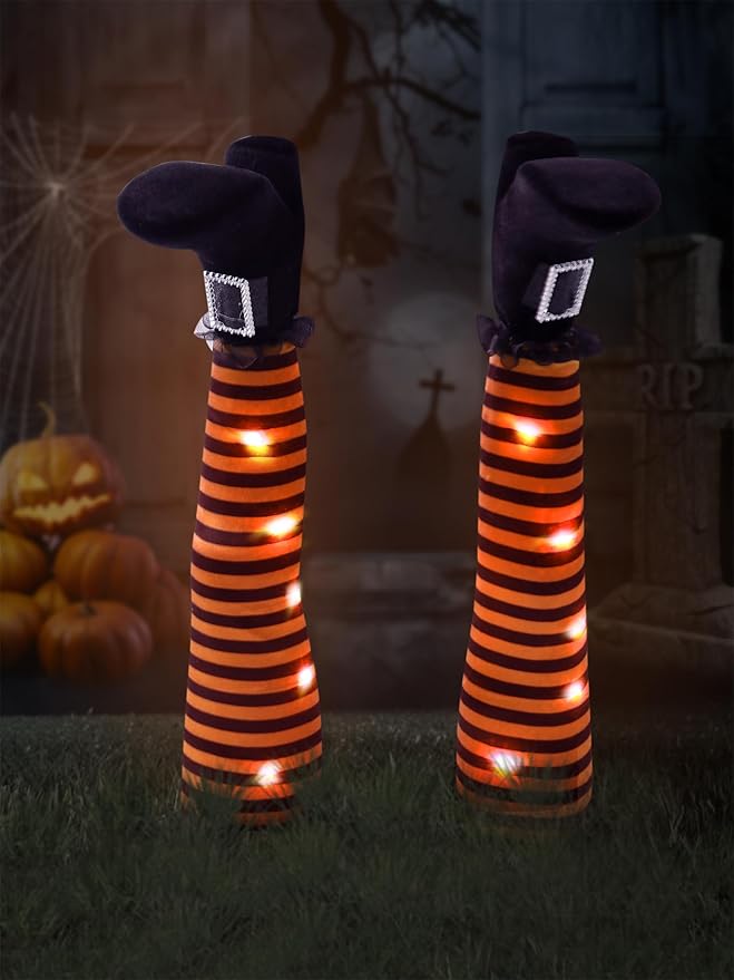 Halloween Witches Legs Decor Leg Yard Stakes Stake Wreaths Feet Door Crashing Garden Party Porch Wicked Hanging House Foot Outdoor Decorations (Orange)