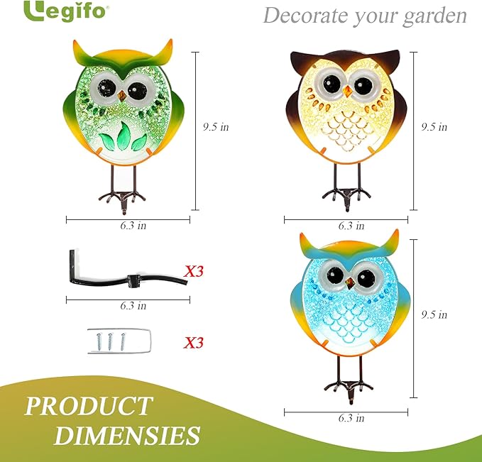 Owl Garden Decor for Outside, Stand & Tree Hugger Outdoor Owls Statues Yard Art Set of 3, Funny Metal & Glass Figurines Gifts for Grandma Mom Women