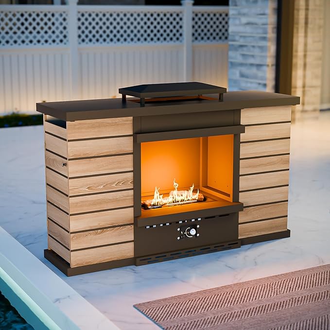 COOS BAY Outdoor Propane Fire Pit 50,000 BTU, Smokelss Gas Fireplace with Hidden Tank Storage, Adjustable Flame Patio Heater for Deck, Backyard, Gray/Tan