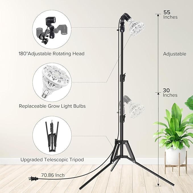 SANSI Grow Lights for Indoor Plants, 4 Dimmable Levels Br30 30W Full Spectrum Plant Lights for Indoor Growing, Tripod Stand Adjustable 30"-55" Plant Grow Light with Remote Control Auto Timer