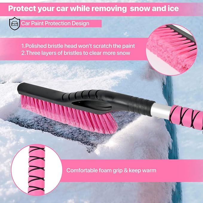 27" Snow Brush and Ice Scrapers for Car Windshield 2 Pack, Scratch-Free Bristle Head PVC Snow Brush & Foam Grip Window Snow Scraper Snow Removal Tool with Aluminum Body for Truck, SUV, Pink