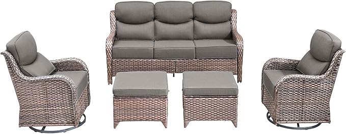 Luxury High Back Outdoor Furniture with 6-Inch Thick Cushions, Patio Furniture Set with Swivel Chairs, 5 PCS Wicker Conversation Set for Porch, Balcony, Deck and Yard