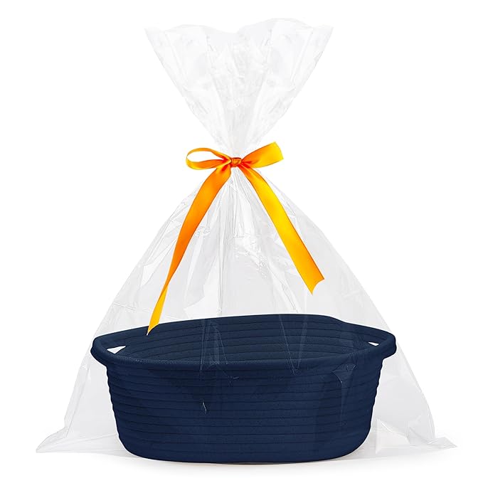 Pro Goleem Small Woven Basket with Gift Bags and Ribbons Durable Baskets for Gifts Empty Small Rope Basket for Storage 12"X 8" X 5" Baby Toy Baskets with Handles, Navy Blue