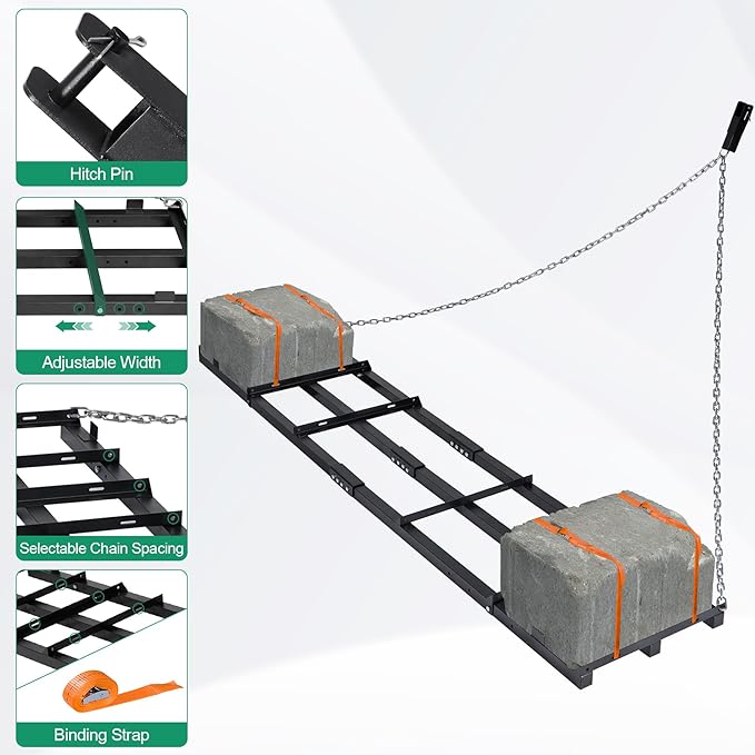 8 FT Drag Harrow Driveway Grader, Heavy Duty Power Rake w/ 6 FT Chain, Tow Behind Lawn Rake for ATV, UTV, Tractor, Mower, Land Leveler for Gravel, Sand, Soil, Hay