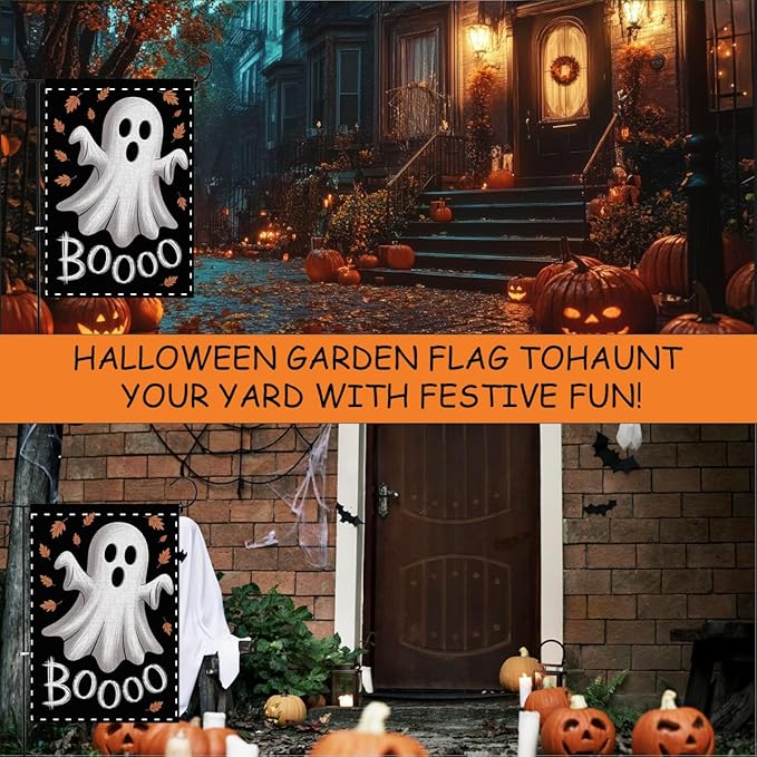 Fokongna Halloween Ghost Garden Flag, Halloween Ghost Decor Boo Garden Flag, 12x18 Inch Burlap Vertical Double Sided Flags, for Home Yard Outside Decorations