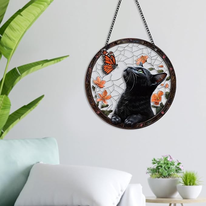 Black Cat Sun Catcher - Black Cat Butterfly Flower Suncatcher Rainbow Maker Stained Acrylic Window Hanging Ornament Indoor Outdoor Decoration Home Garden Decor Chain Pendant Memorial Gifts