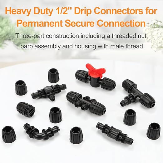 25 Pieces 1/2 Inch Drip Irrigation Fittings Kit, 1/2'' Drip Line Barbed Fittings for 1/2 Inch Irrigation Tubing (1/2" ID x 0.640" OD) Anti-Leak Lock Nut Connectors for Garden Drip System