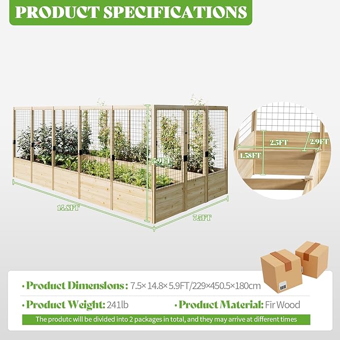 PaPaJet Wooden Raised Garden Bed for Outdoor, Eleven Grid Deep Large Planter Box with Netting for Gardening, Vegetables, Flowers, Herbs（7.5× 14.8× 5.9FT）