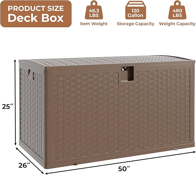 120Gallon Brown Resin Deck Box, Outdoor Storage Box Waterproof Lockable, Patio Deck Box For Package Delivery, Outside Storage Box Container for Furniture Cushions, Garden Tools, Pool Accessories