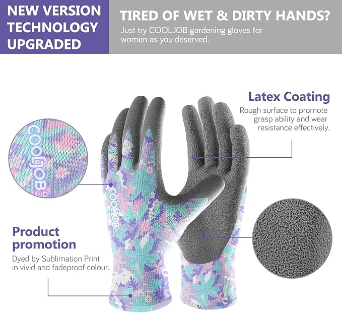 COOLJOB 2 Pairs Colorful Gardening Gloves for Women Ladies, Breathable Rubber Coated for Yard Garden, Outdoor Indoor Protective Work, Small Size, Varied Colors