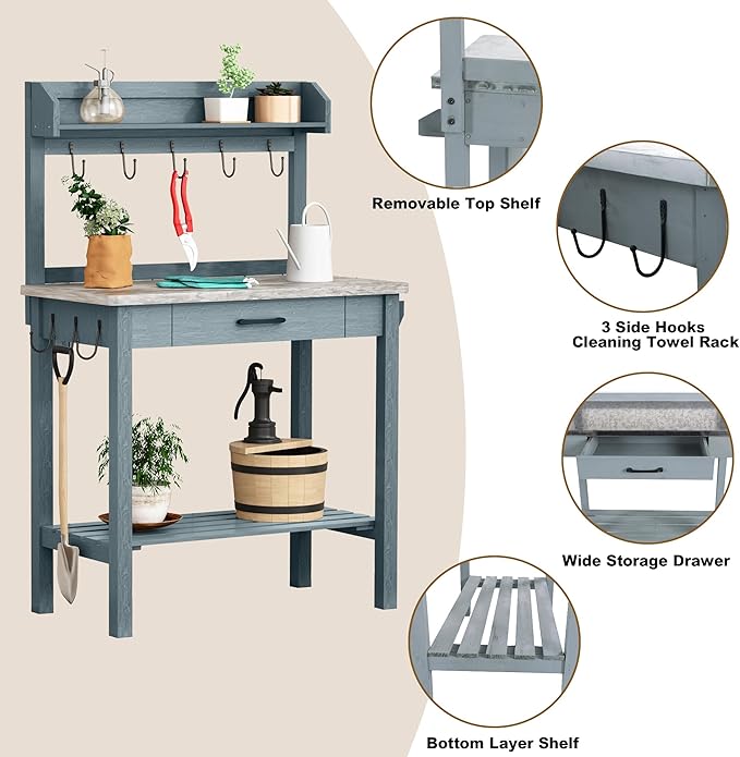 Outdoor Potting Bench Table with Metal Tabletop, Planting Table Potting Work Station with Storage Drawer and Removable Shelf Rack, Garden Potting Table for Outdoors
