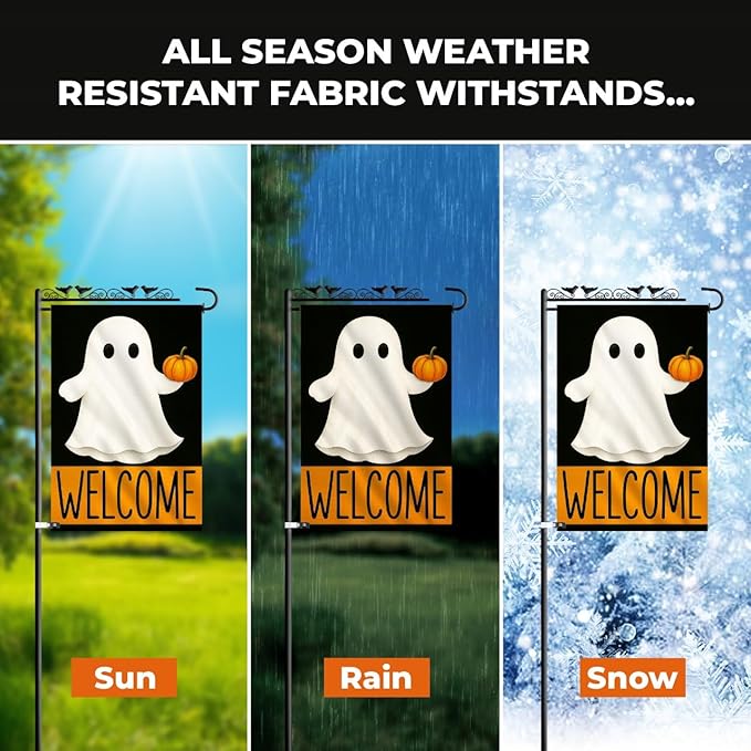 Welcome Halloween Garden Flag 12x18 – Double Sided Burlap Yard Flag for Outside with Ghost & Pumpkin – Weatherproof Fall Outdoor Decor