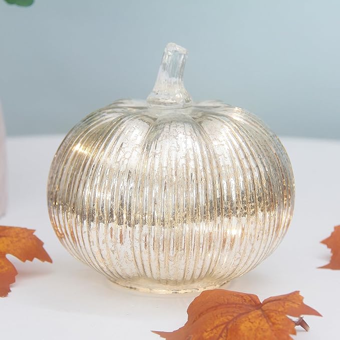 Mercury Glass Pumpkin Lights with Timer, Battery Operated Led Pumpkin Lights for Halloween Fall,Thanksgiving Rustic Decor (Silver Fine-Striped, 6")