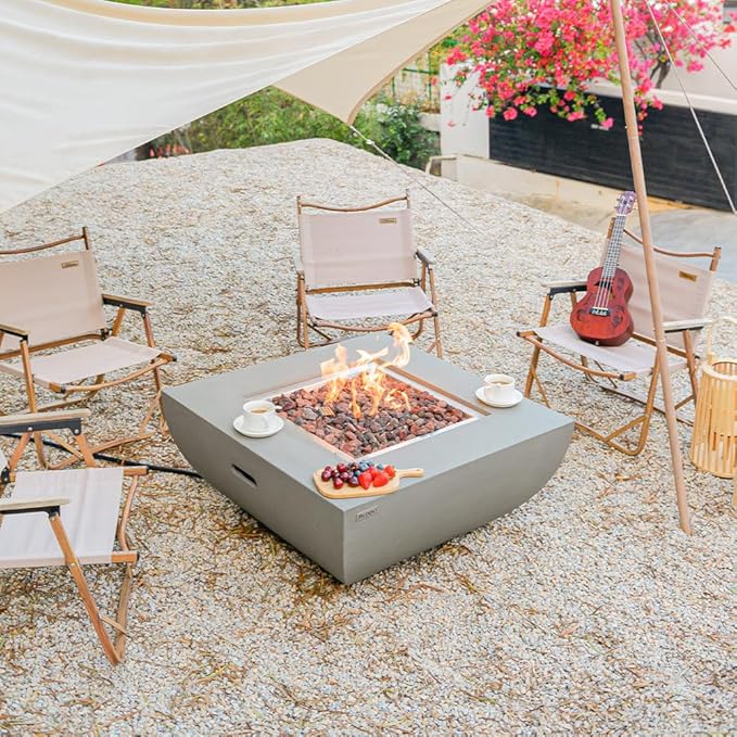 Westport Concrete Fire Pit 34" x 34" Outdoor Patio Firepit Includes Lava Rocks Modern Fire Pits & Outdoor Fireplaces for Garden, Deck, Indoor & Outdoor Heating