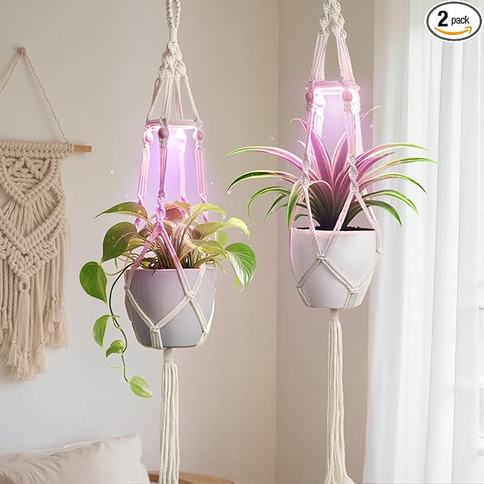 Macrame Plant Hanger with Grow Light: 2 Pack Boho Hanging Planters with Light for Indoor Plants, Ideal for Apartments, Small Spaces, Low-Light Rooms (GrowPro Spectrum)