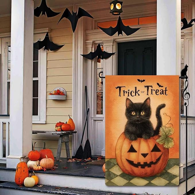 Trick or Treat Garden Flag Halloween Cute Black Cat Small Flag for Outside Pumpkin Bat Burlap Double Sided Welcome Yard Lawn Decor 12.5x18"