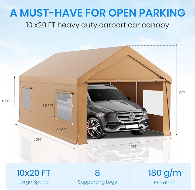 Carport 10x20 Heavy Duty Portable Garage,Carport Canopy with Roll-Up Windows & Doors,Portable Garage and Shelter with Removable Sidewalls,Car Tent Garage with All-Season Tarp for Lawnmower Bike Truck