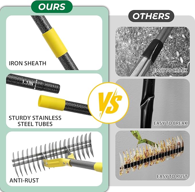 Thatch Rake,55 Inch Heavy Duty Lawn Thatching with Adjustable Stainless Steel Handle,Multiple Garden Rake for Leaves,Lawn Loosening Soil,Backyard,Garden