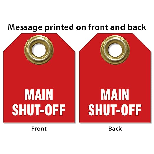 AccuformNMC Shut Off Valve Tags, Main Shut Off (Pack of 5), 2.5" H x 2" W, Red Plastic Double Sided Pipe Tags with Metal Grommet, TDW216