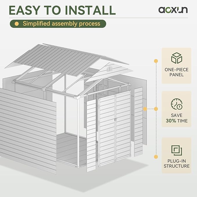 Aoxun 8 x 6 FT Outdoor Storage Shed with Window, Resin Shed with Floor & Lockable Doors, Garden Shed Waterproof Plastic Tool Shed with Sloped Roof for Backyard, Garden, Patio, Lawn, Grey