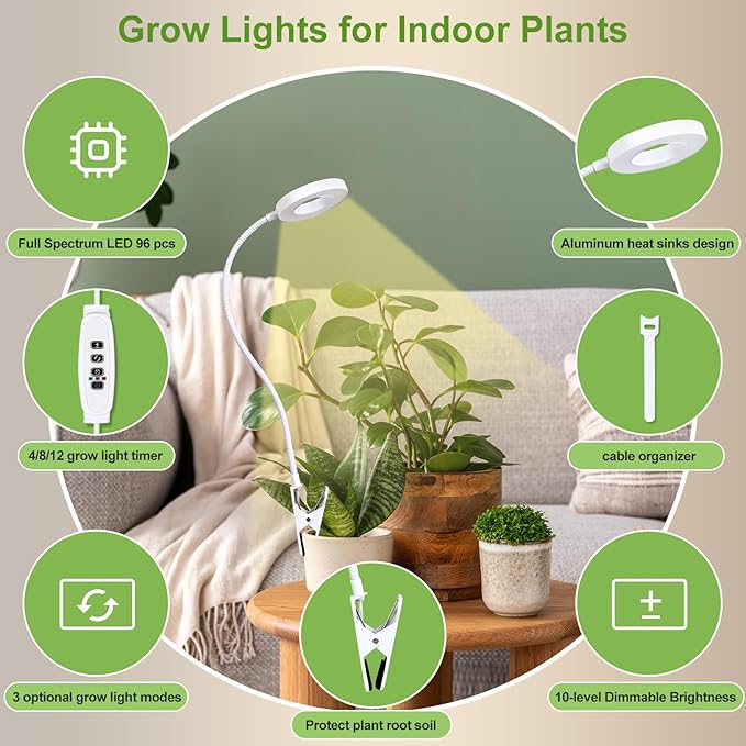 Clip on Grow Lights for Indoor Plants, 96 LEDs Full Spectrum Plant Light with Auto On/Off Timer (4/8/12H), 3 Light Modes, 10-Level Dimmable for Succulents, Small Plants (White, 2 Pack)