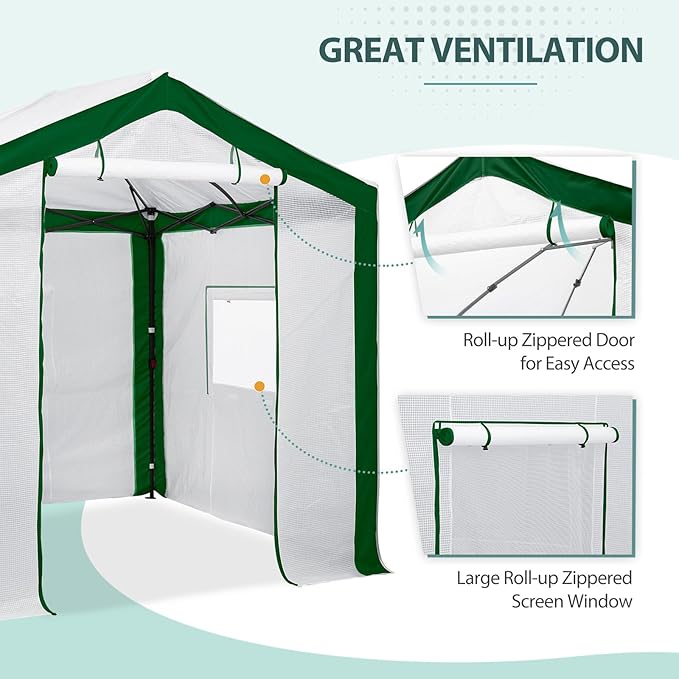EAGLE PEAK Replacement Cover for 8x6 Portable Pop up Greenhouse with Polyester Reinforced Corners, Front Roll-Up Zipper Entry Door and 3 Large Roll-Up Side Windows (Frame Not Included), Green/White