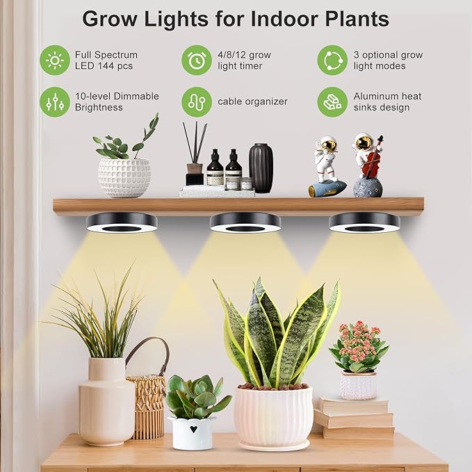 Grow Light for Indoor Plants, 144 LEDs Full Spectrum Halo Plant Light with Auto On/Off Timer (4/8/12H), 10-Level Dimmable, 3 Lighting Modes for Small Plants, Succulents (Black, Tri Head)
