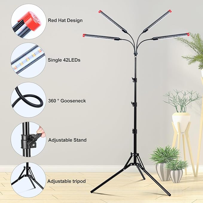 4-Head Tripod Stand Grow Lights for Tall House Plants, Seed Starting, Bonsai Tree with Timer, 36W Standing LED Plant Growing Lamps, Enough High-Intensity Like Sun, Best Gift for Plants Lover