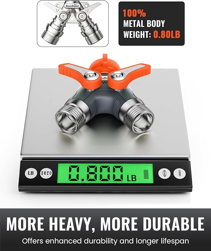RAINPOINT Garden Hose Splitter, 2 Way Heavy Duty Water Hose Y Spigot Splitter with Shutoff Valves, 100% Metal Body Outdoor Faucet Splitter, 1.9" Extra Long Metal Handle, 3/4" GHT Thread (1, Orange)