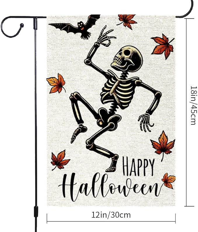 Halloween Garden Flags For Outside Decoration, Fall Garden Flag Funny Happy Skeleton Small Yard Flag For Outdoor Decor 12x18 Inch Vertical Double Sided