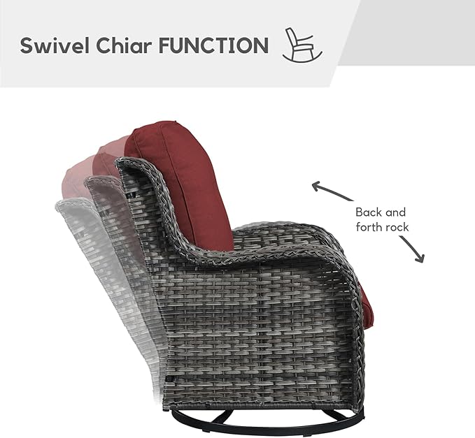 Patio Furniture 4 Piece Set, All-Weather PE Wicker Outdoor Set with Coffee Table, Swivel Rocker Chairs and Sofa, Grey/Green