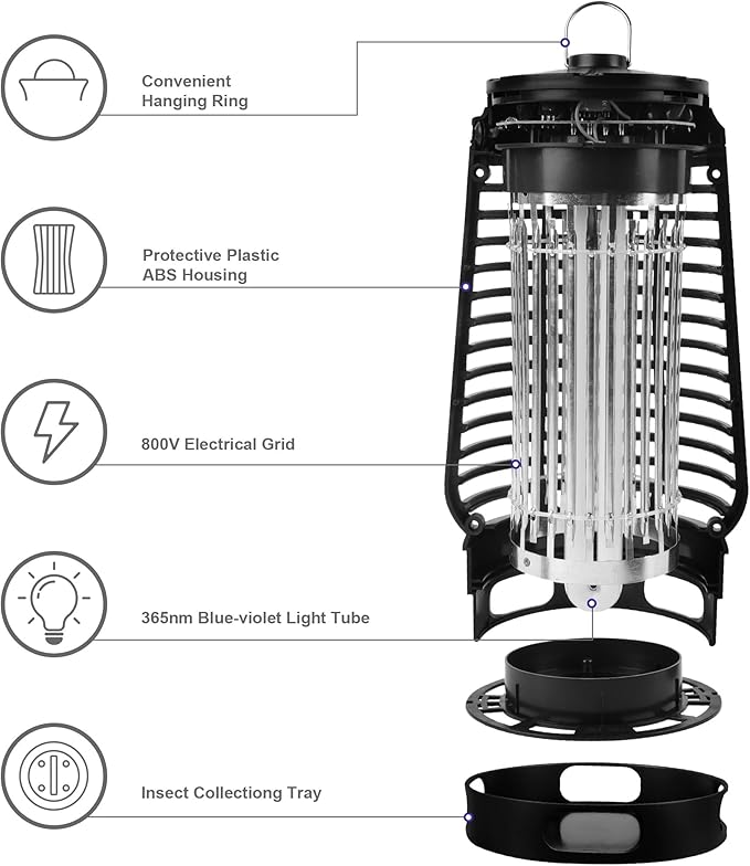 Electric Bug Zapper, 2500V Plug-in Mosquito Trap with Replaceable Sticky Pads & Lamp Tube, 365nm Lighted Hanging Insects Killer Attracting Moths, Gnats, Flies IPX4 for Indoor Outdoor Use