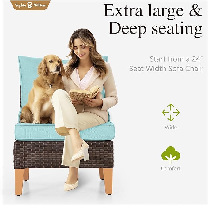 Sophia & William Patio Furniture Set with Fire Pit Table, 10 Piece Outdoor Wicker Furniture Sectional Sofa, Extra Large Patio Rattan Conversation Set with Ottoman & 45" Fire Pit Table(Aqua Blue)