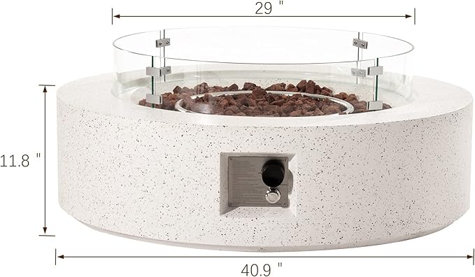 SUNBURY Outdoor 42 Inch Propane Fire Pit Table, Patio Gas Fire Table 50,000 BTU Fire Pit for Outside in Spotted White w Glass Wind Guard, Lava Rocks