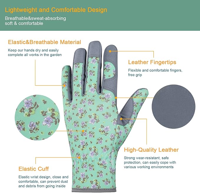 Bamllum Leather Gardening Gloves for Women - Working Gloves for Weeding, Digging, Planting, Raking and Pruning