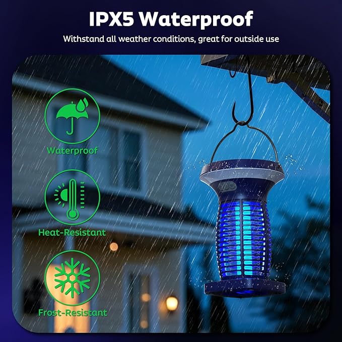 Solar Bug Zapper Outdoor, Mosquito Zapper Outdoor Waterproof Electric Fly Zapper Rechargeable Mosquito Killer with Solar Panel, 4200V Fly Trap Indoor for Home Backyard, Patio, Garden, Camping
