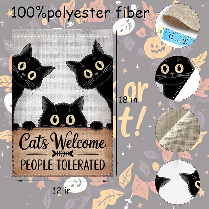 Fokongna Cats Welcome Garden Flag, Cats Welcome People Tolerated Sign Flag, 12x18 Inch Burlap Vertical Double Sided Flags, for Home Yard Outside Decorations