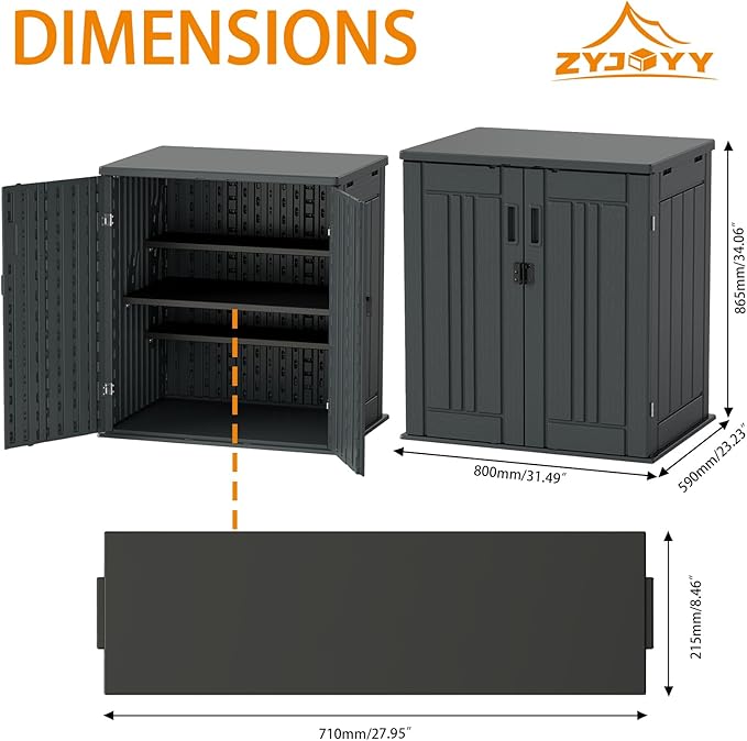 Outdoor Storage Cabinet with 2 Shelves, Waterproof Resin Horizontal Tool Shed, Lockable 15 cuft. Storage Shed for Patio, Garden, Yard, Grey