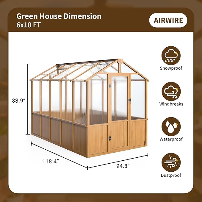 Wooden Greenhouse 6x10 FT, Walk-in Greenhouse for Outdoors with 6MM Thick Polycarbonate Panel and Adjustable Roof Vents, Garden Backyard, Wood Colour